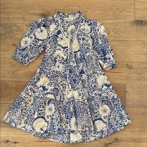 Blue and White Tiered Midi Sundress with Puff Sleeves